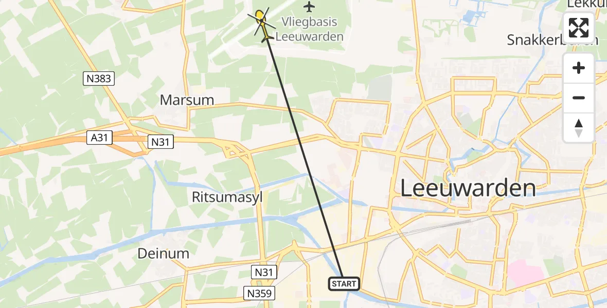 Routekaart van de vlucht: Ambulanceheli naar Vliegbasis Leeuwarden, Keegsdijkje