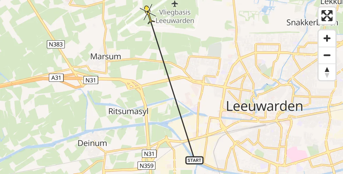 Vluchtroute Ambulancehelikopter van Leeuwarden naar Vliegbasis Leeuwarden