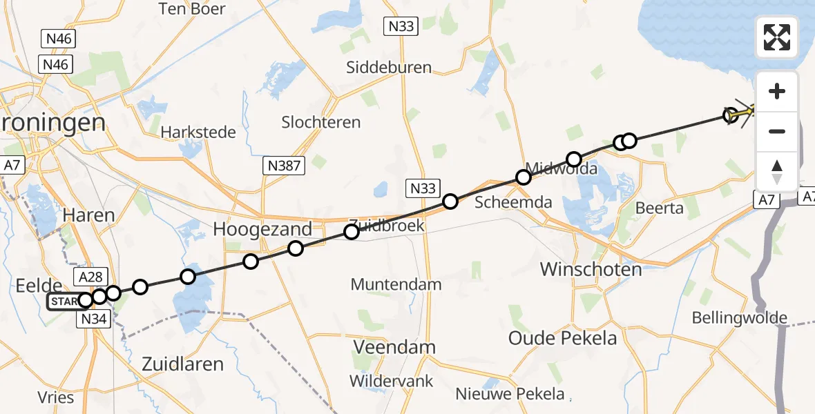 Routekaart van de vlucht: Lifeliner 4 naar Drieborg, Groningerstraat