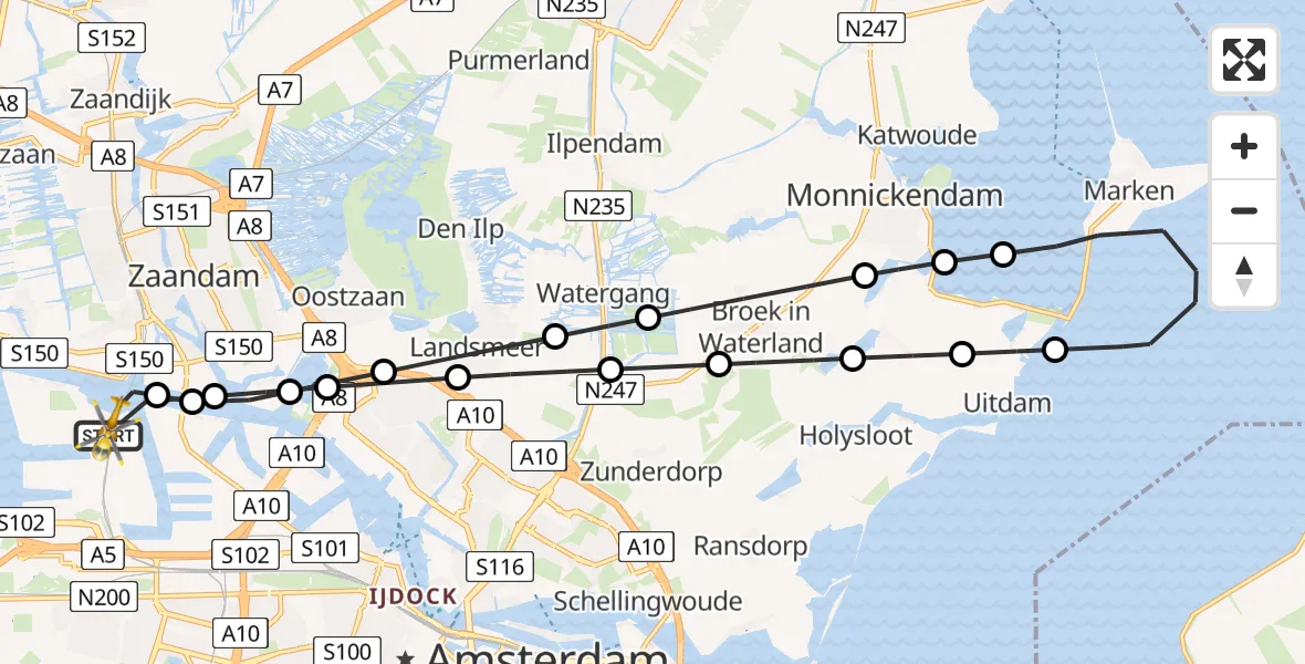 Vluchtroute Traumahelikopter van Amsterdam Heliport naar Amsterdam Heliport