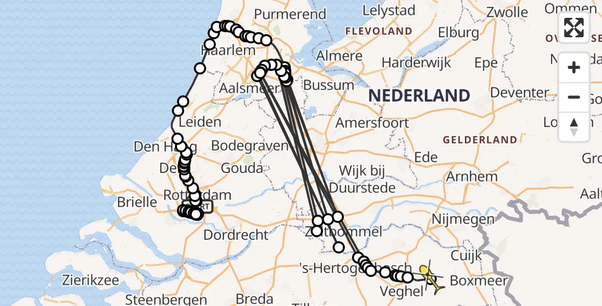 Routekaart van de vlucht: Politieheli naar Vliegbasis Volkel, Katendrechtse Lagedijk
