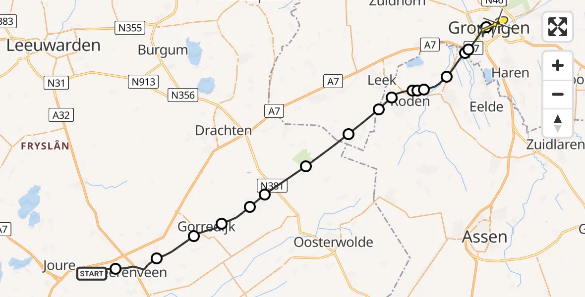 Routekaart van de vlucht: Lifeliner 4 naar Universitair Medisch Centrum Groningen, Hasker Utgongen
