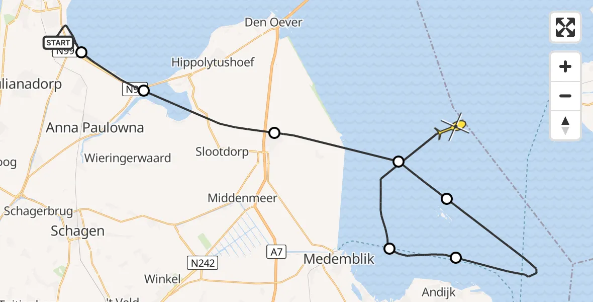 Routekaart van de vlucht: Kustwachthelikopter naar Medemblik, Oostoeverweg