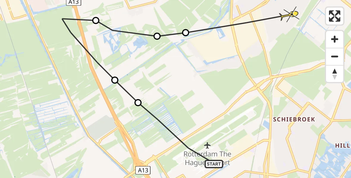 Routekaart van de vlucht: Lifeliner 2 naar Berkel en Rodenrijs, Schieveense polder