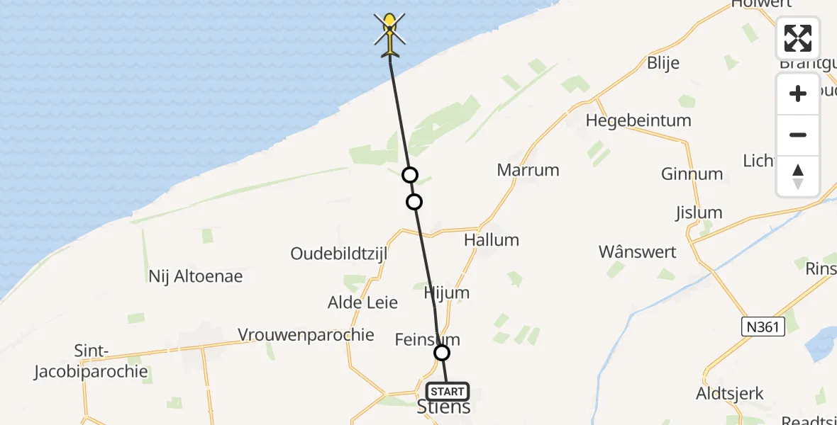 Routekaart van de vlucht: Ambulanceheli naar Marrum, Poeldyk