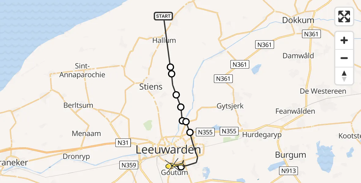 Routekaart van de vlucht: Ambulanceheli naar Leeuwarden, Mieddyk