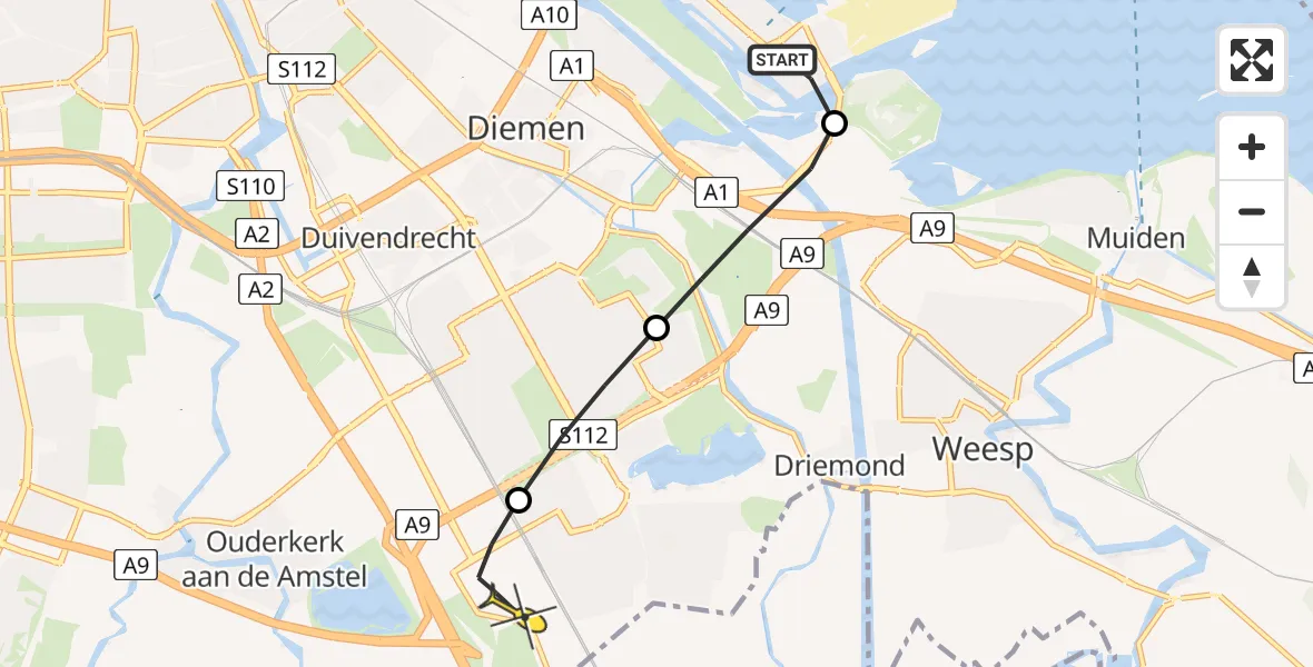 Routekaart van de vlucht: Lifeliner 1 naar Academisch Medisch Centrum (AMC), Fortdiemerdamweg