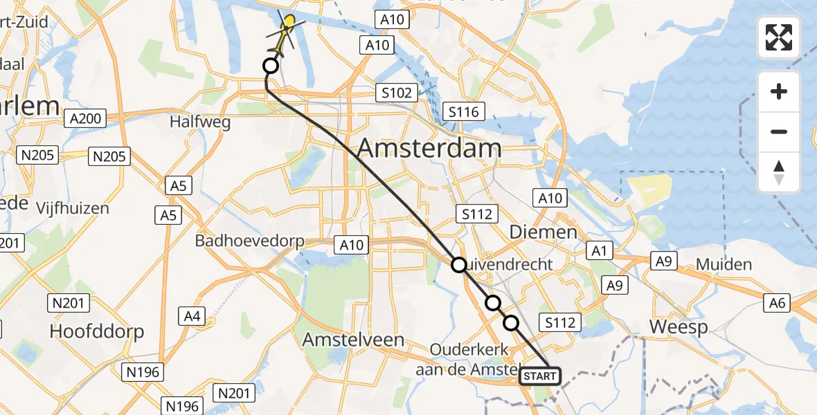 Routekaart van de vlucht: Lifeliner 1 naar Amsterdam Heliport, Broekzijdschepad