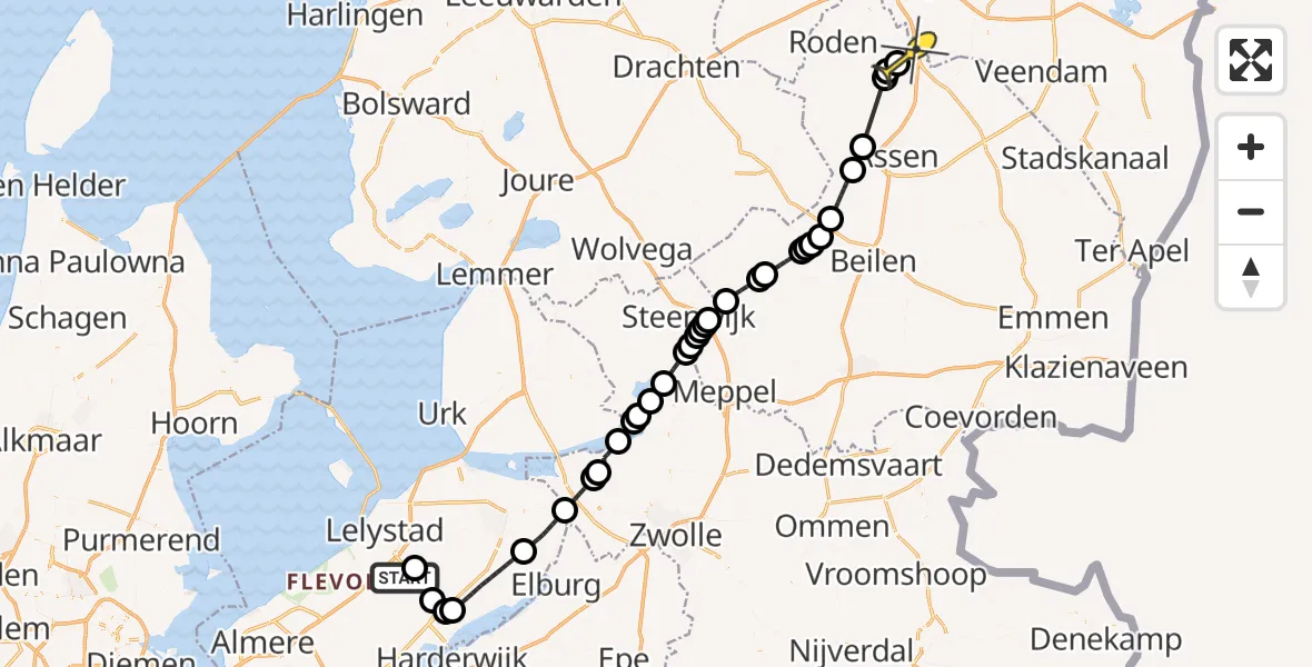 Routekaart van de vlucht: Traumaheli naar Groningen Airport Eelde, Larserweg