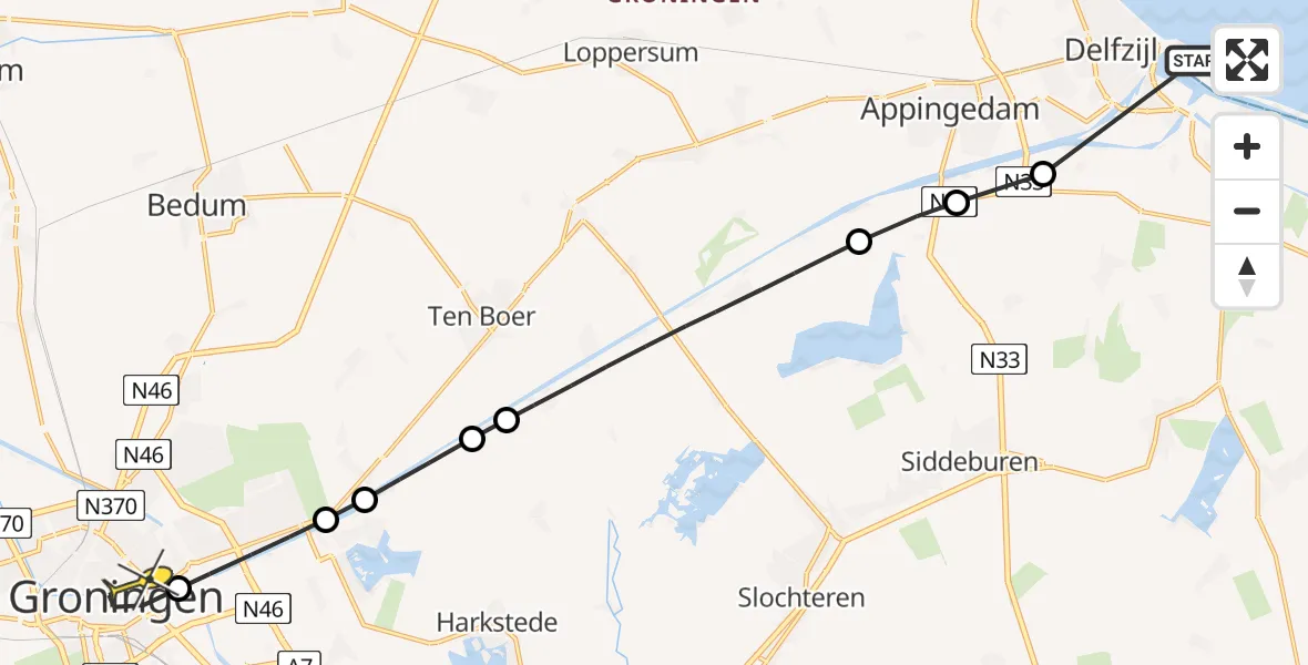 Routekaart van de vlucht: Lifeliner 4 naar Universitair Medisch Centrum Groningen, Tuikwerderlaan