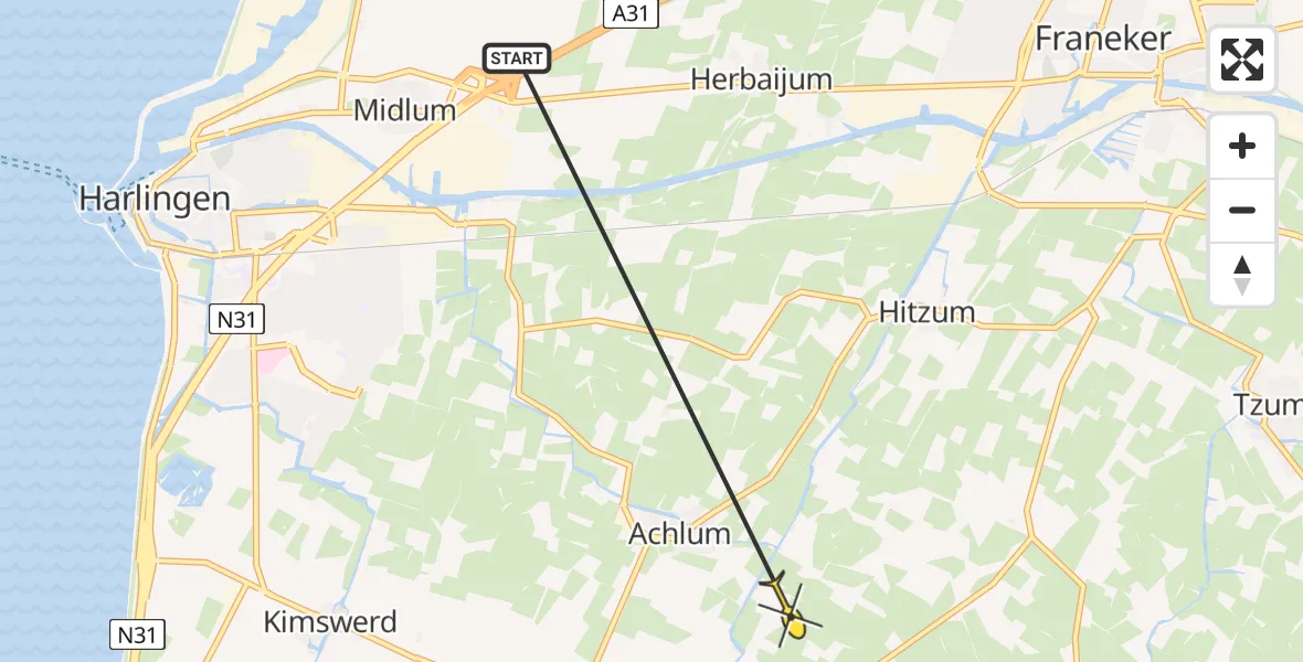 Routekaart van de vlucht: Ambulancehelikopter naar Achlum, De Wiske