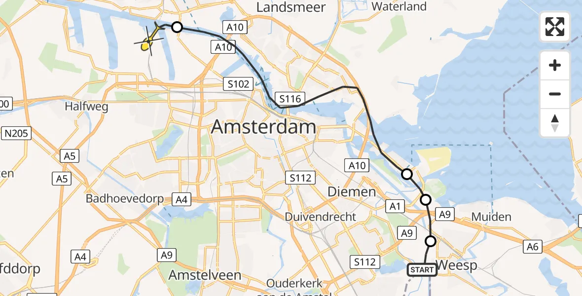 Routekaart van de vlucht: Lifeliner 1 naar Amsterdam Heliport, Stammerlandweg