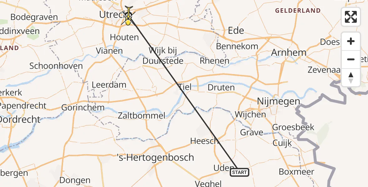 Routekaart van de vlucht: Traumaheli naar Universitair Medisch Centrum Utrecht, UMC Ambulancetunnel
