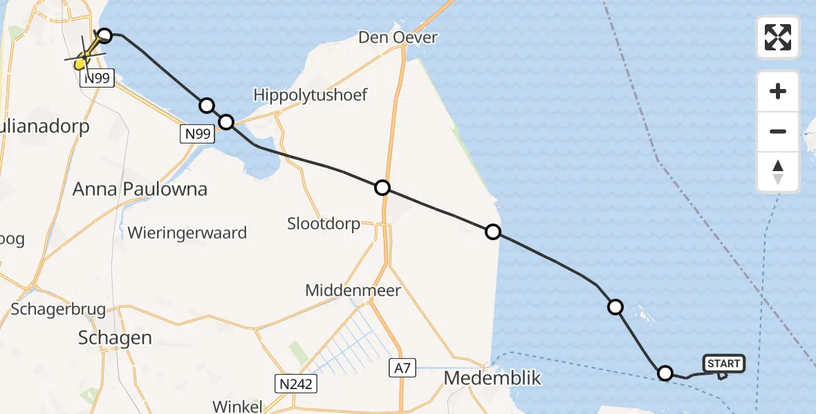 Routekaart van de vlucht: Kustwachthelikopter naar Vliegveld De Kooy, Doggersvaart