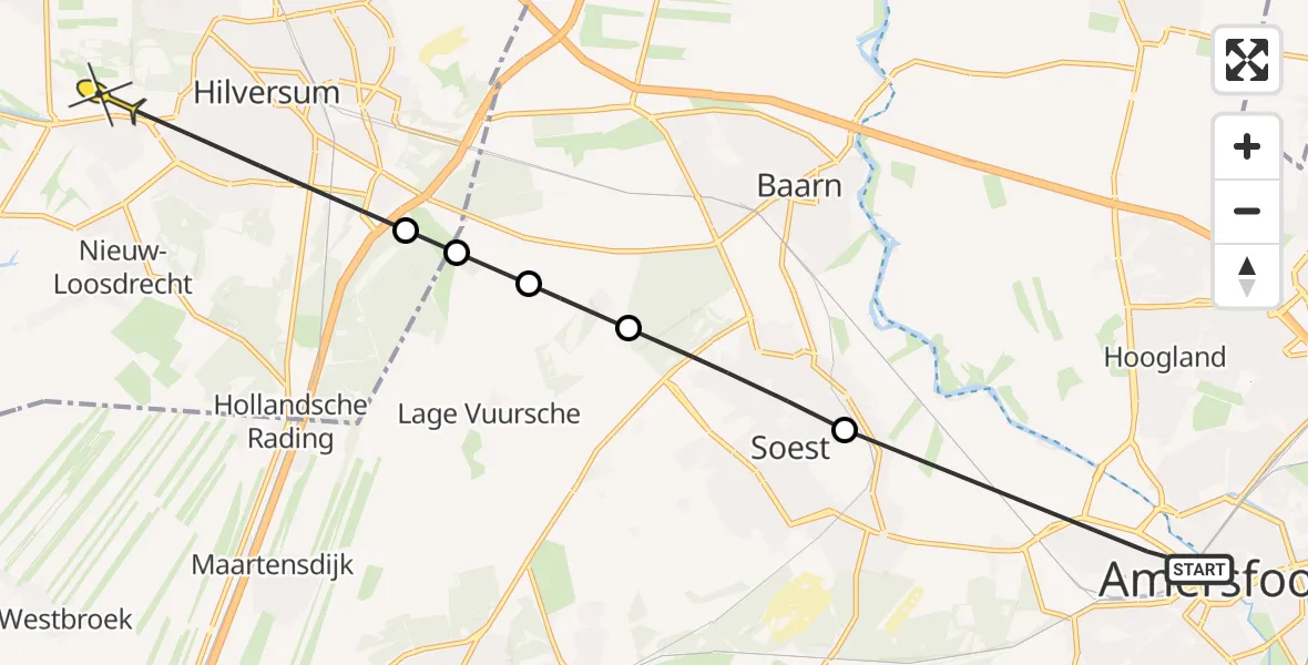 Routekaart van de vlucht: Politieheli naar Hilversum, Molenstraat