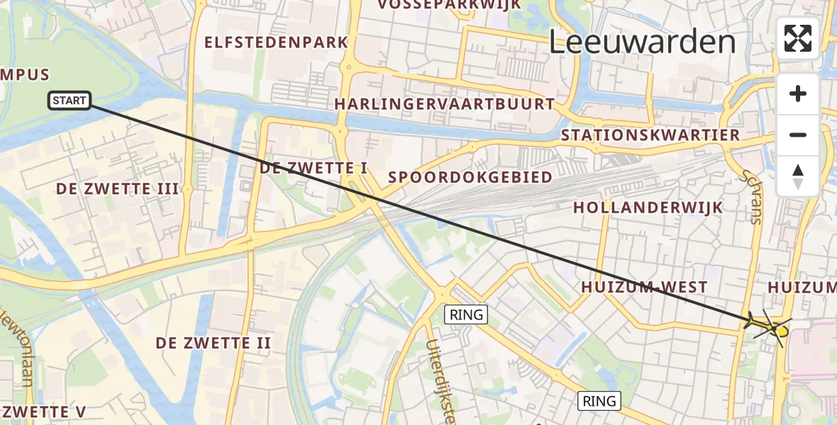 Vluchtroute Ambulancehelikopter van Leeuwarden naar Leeuwarden