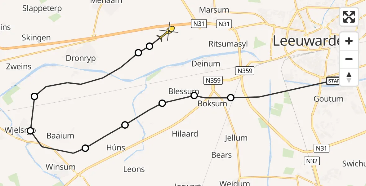 Routekaart van de vlucht: Ambulancehelikopter naar Marsum, Boksumerdyk