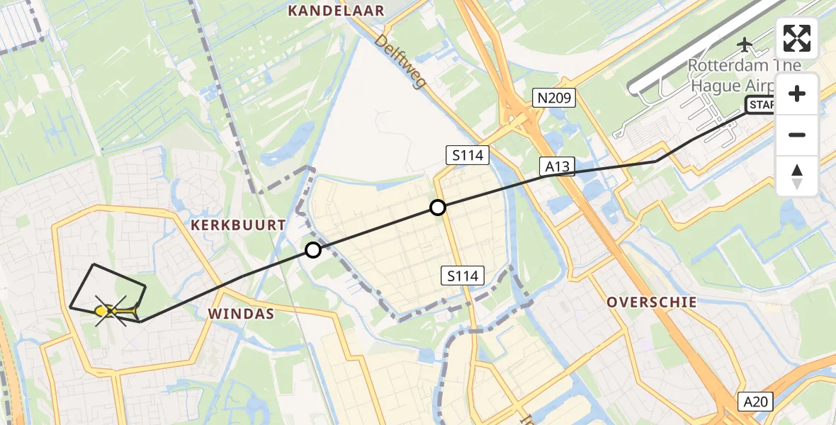 Routekaart van de vlucht: Lifeliner 2 naar Schiedam, Delftweg