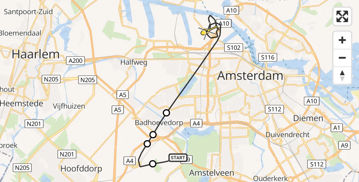 Vluchtroute Politiehelikopter van Schiphol naar Amsterdam