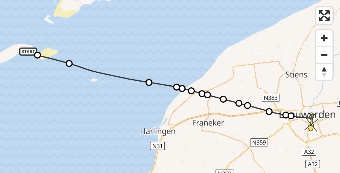 Routekaart van de vlucht: Lifeliner 4 naar Leeuwarden, Haven Vlieland