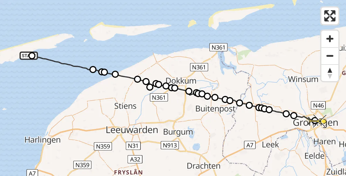 Vluchtroute Ambulancehelikopter van Hoorn naar Universitair Medisch Centrum Groningen