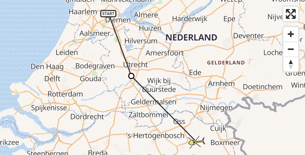 Vluchtroute Traumahelikopter van Amsterdam naar Vliegbasis Volkel