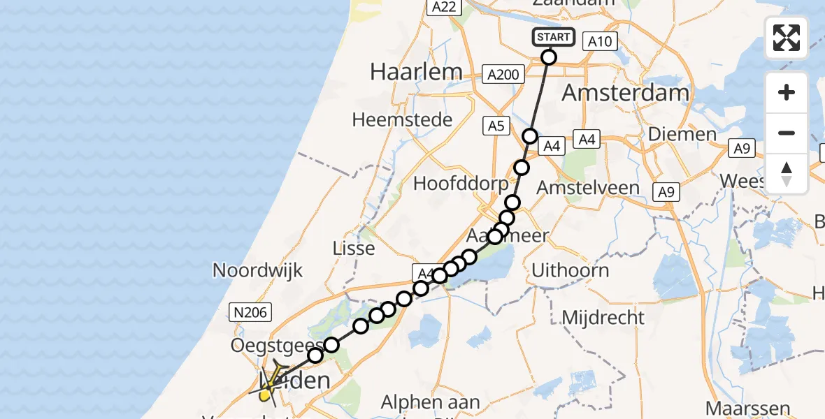 Routekaart van de vlucht: Lifeliner 1 naar Leiden, Amerikahavenweg