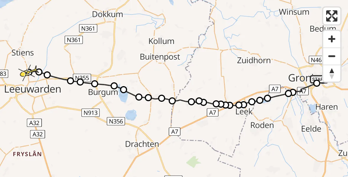 Vluchtroute Ambulancehelikopter van Universitair Medisch Centrum Groningen naar Vliegbasis Leeuwarden