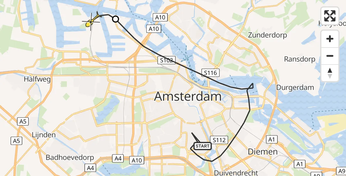 Routekaart van de vlucht: Lifeliner 1 naar Amsterdam Heliport, Van Ostadestraat