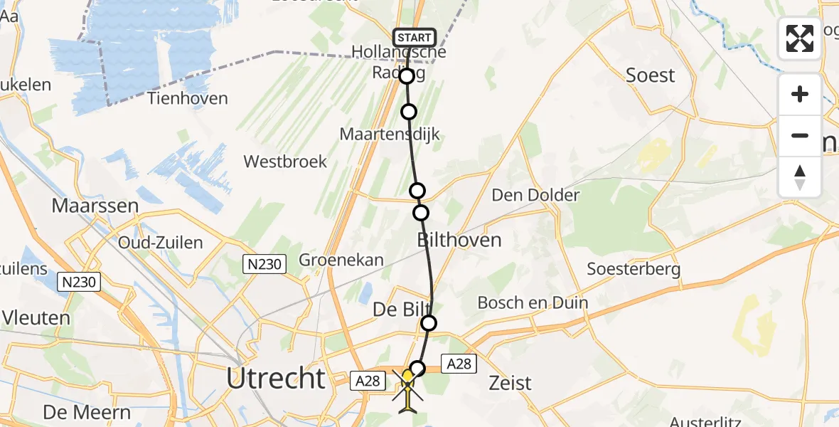 Routekaart van de vlucht: Lifeliner 1 naar Universitair Medisch Centrum Utrecht, Dennenlaan