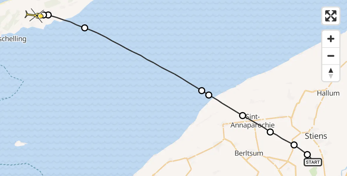 Routekaart van de vlucht: Ambulanceheli naar Midsland, Nijlânsdyk