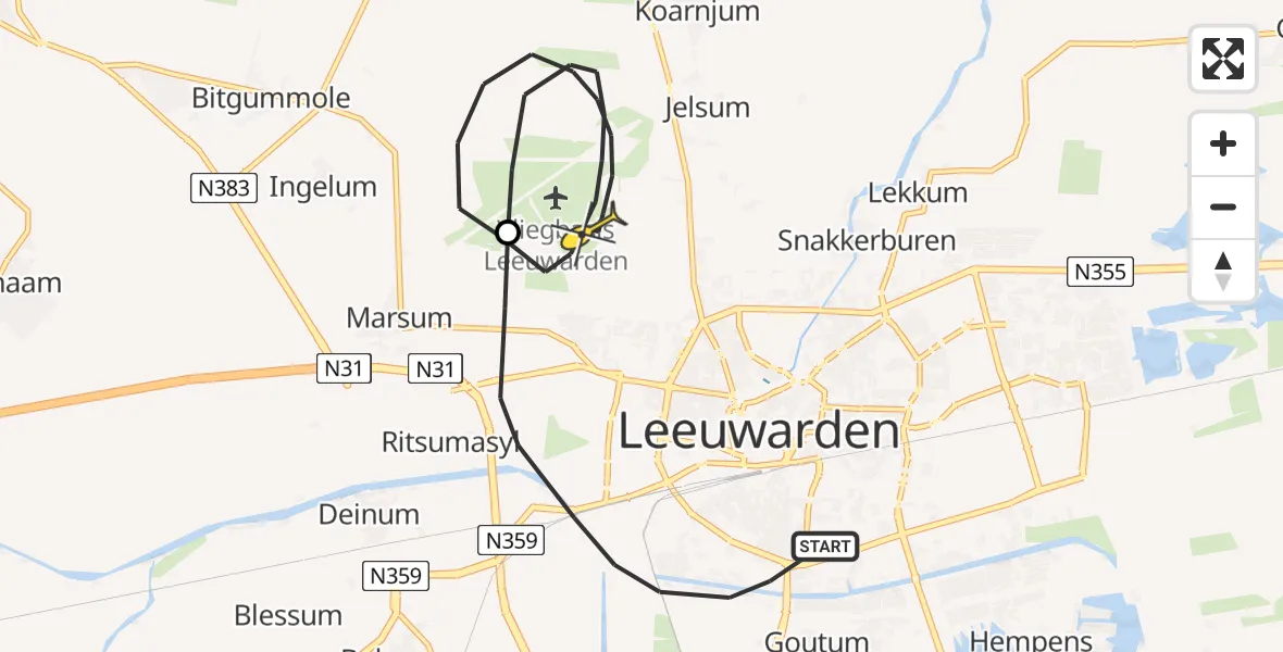 Routekaart van de vlucht: Ambulanceheli naar Vliegbasis Leeuwarden, Haveneiland