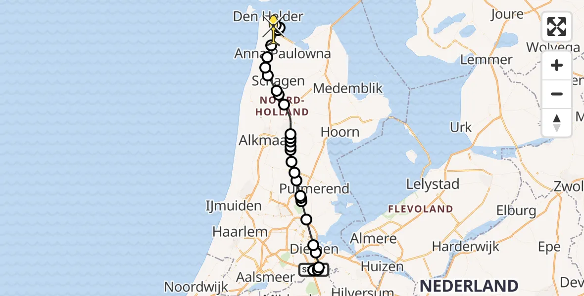 Routekaart van de vlucht: Kustwachthelikopter naar Vliegveld De Kooy, Abcouderstraatweg