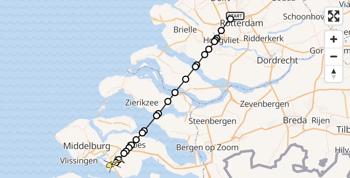 Routekaart van de vlucht: Lifeliner 2 naar Ovezande, Rotterdam Airportbaan
