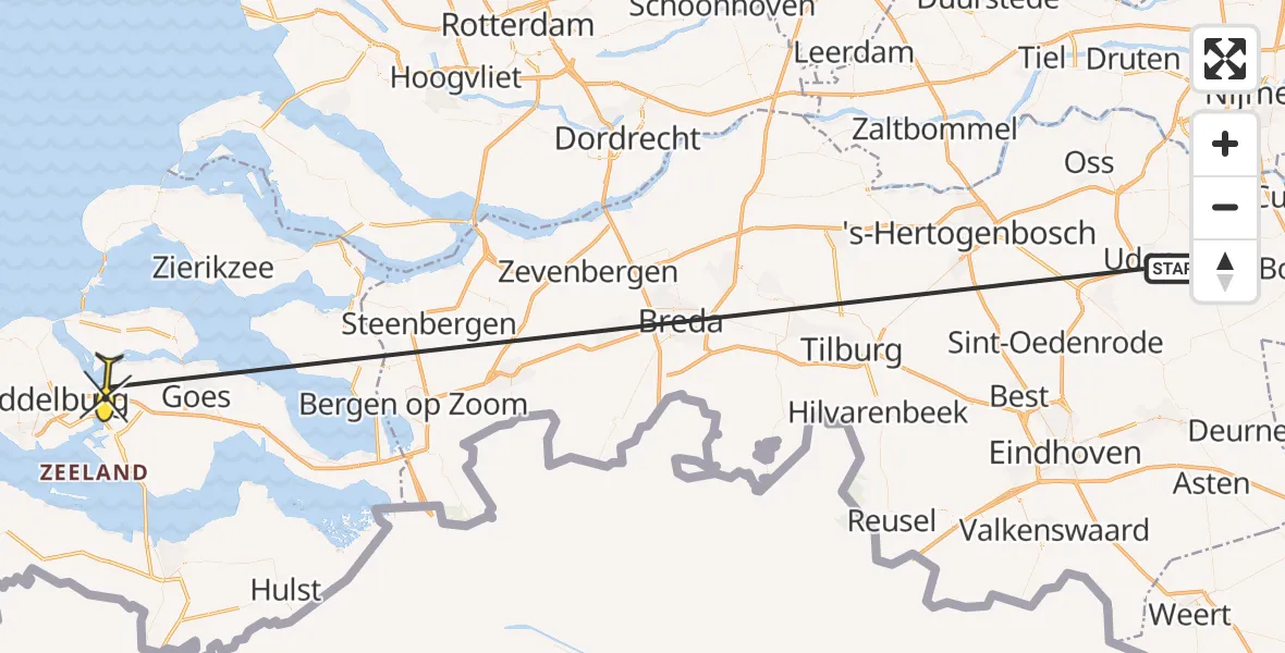 Vluchtroute Traumahelikopter van Vliegbasis Volkel naar Vliegveld Midden-Zeeland