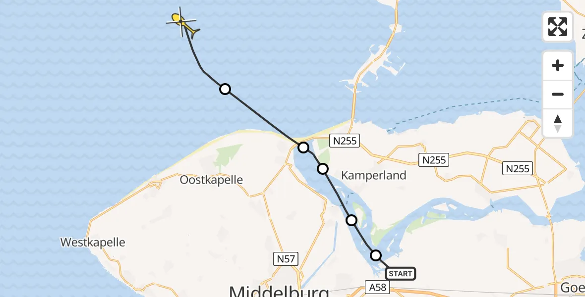 Routekaart van de vlucht: Kustwachthelikopter naar Oranjeplaatweg