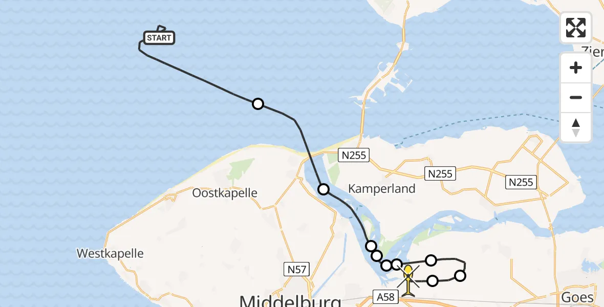 Routekaart van de vlucht: Kustwachthelikopter naar Vliegveld Midden-Zeeland, Calandweg