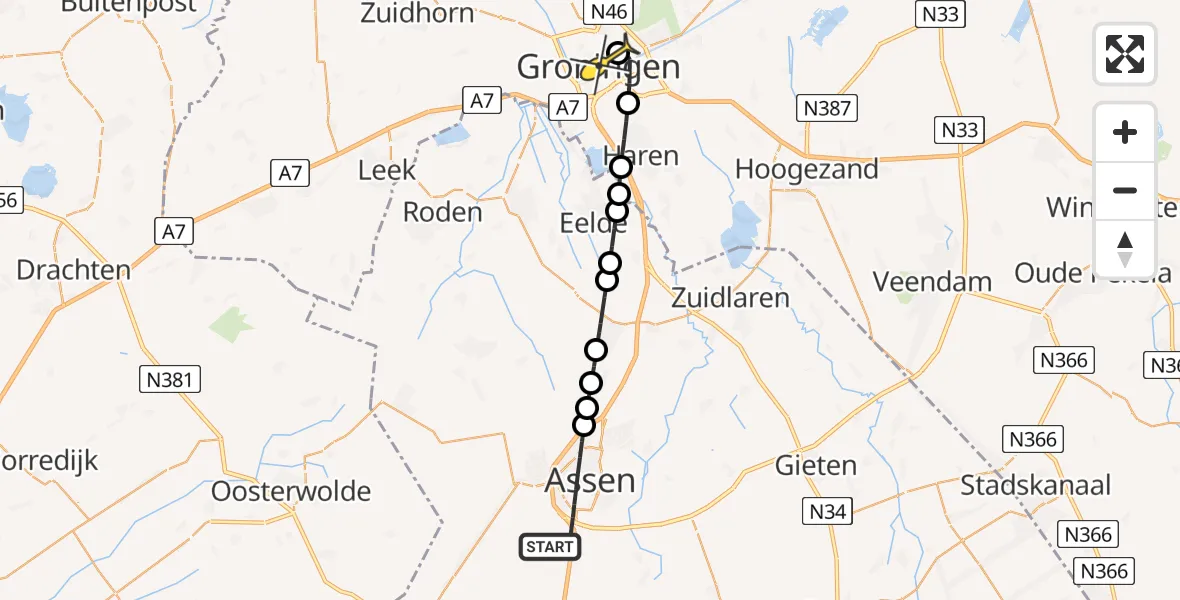 Routekaart van de vlucht: Lifeliner 4 naar Universitair Medisch Centrum Groningen, Anreperdiep