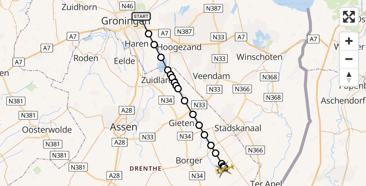 Vluchtroute Traumahelikopter Groningen - 2e Exloërmond, 27 mei 2024, 11:12