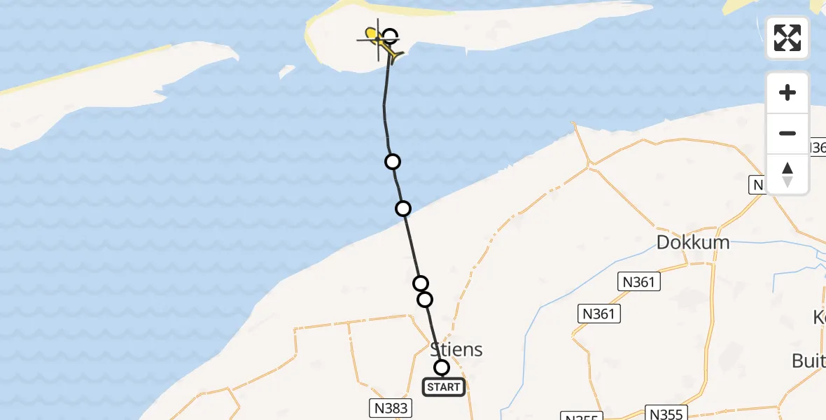 Routekaart van de vlucht: Ambulancehelikopter naar Ameland Airport Ballum, Skrédyk