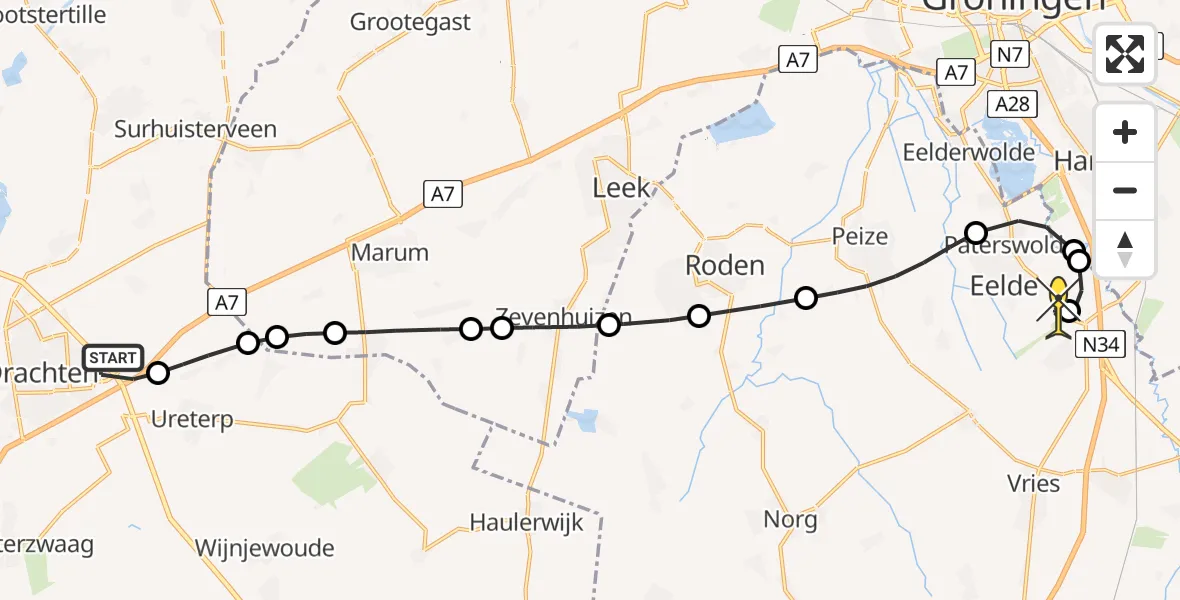 Routekaart van de vlucht: Lifeliner 1 naar Groningen Airport Eelde, Bûtewacht