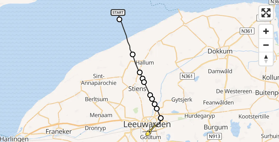 Routekaart van de vlucht: Ambulancehelikopter naar Leeuwarden, Borniastraat