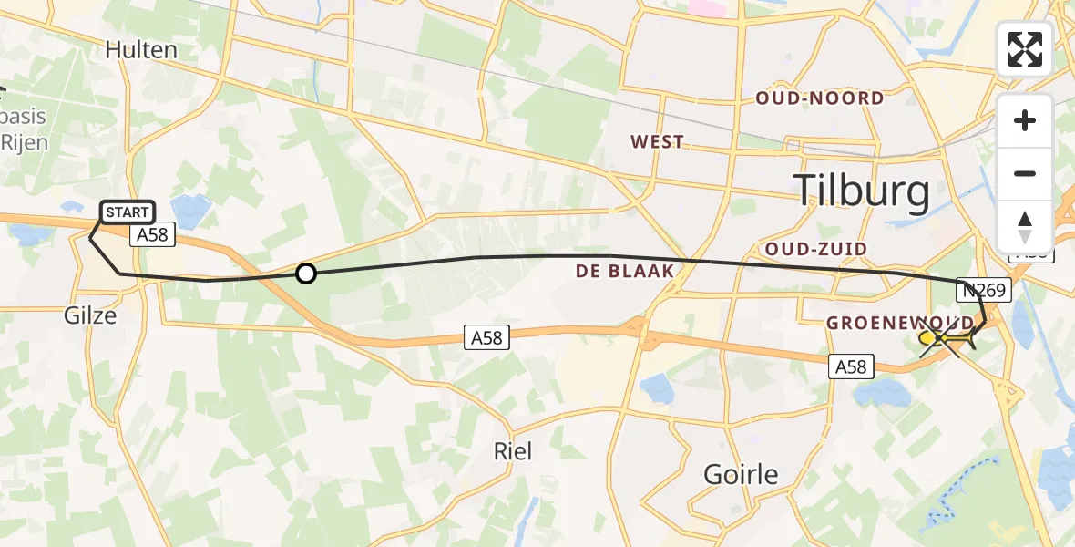 Routekaart van de vlucht: Lifeliner 2 naar Tilburg, Burgemeester Krollaan