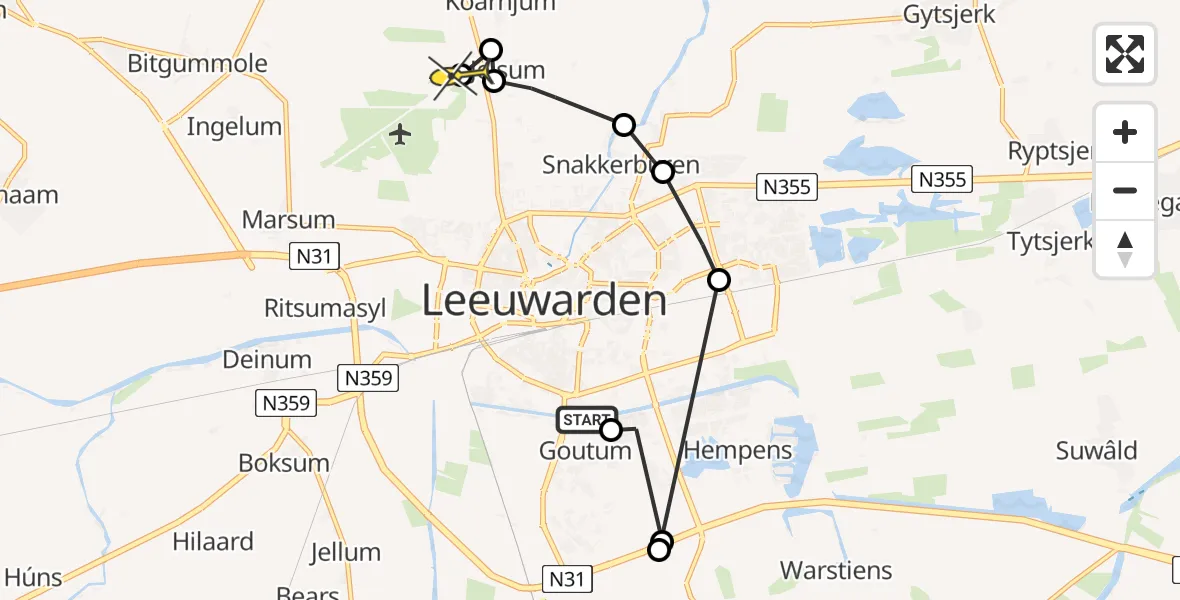 Routekaart van de vlucht: Ambulanceheli naar Vliegbasis Leeuwarden, Drachtsterweg