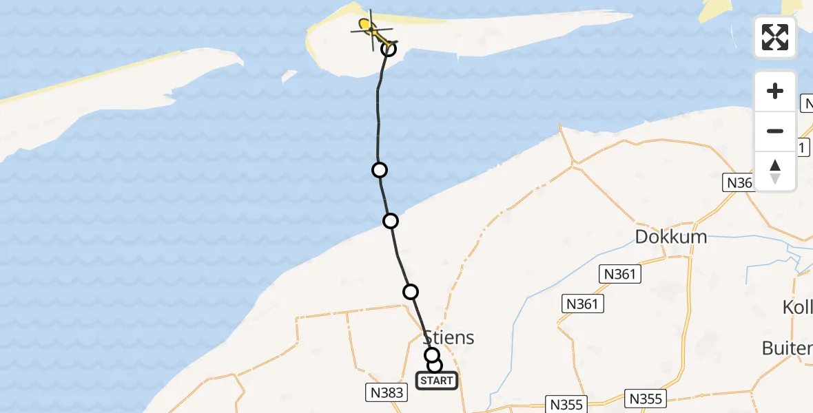 Routekaart van de vlucht: Ambulancehelikopter naar Ameland Airport Ballum, Skrédyk