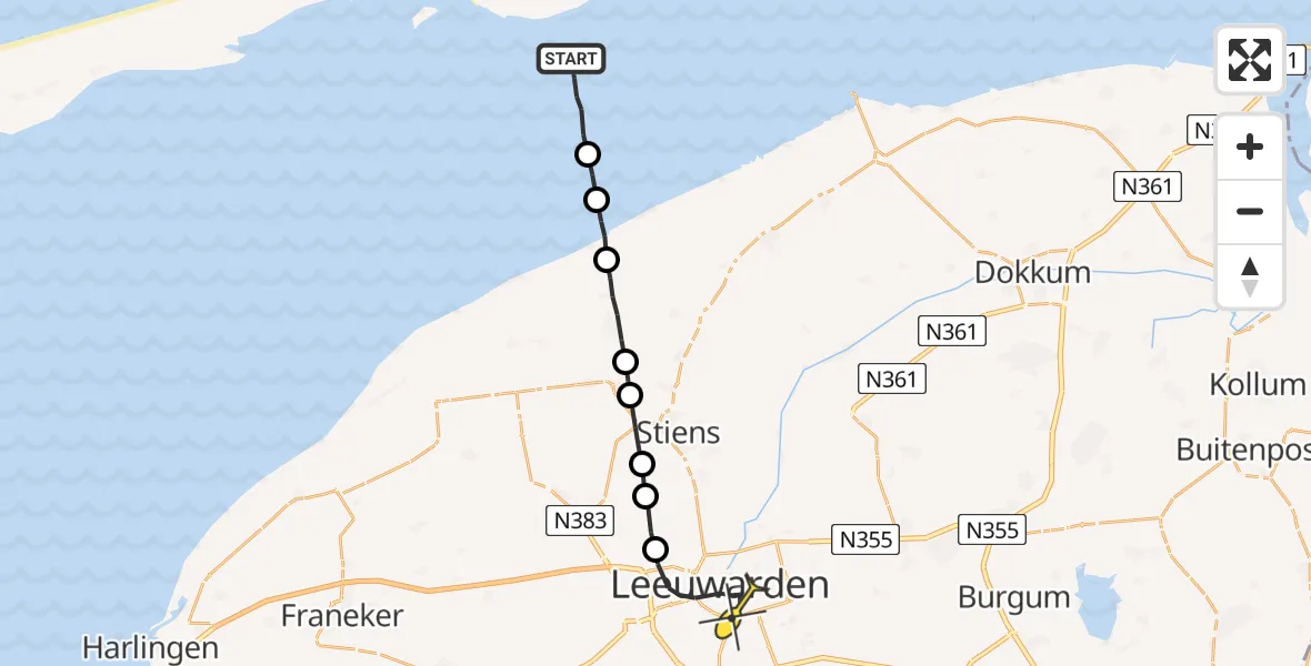 Routekaart van de vlucht: Ambulancehelikopter naar Leeuwarden, Robbentocht WL35 Brakzand