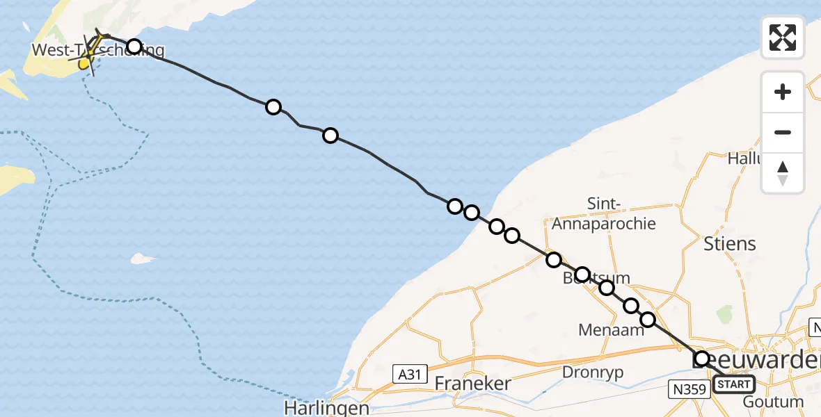 Routekaart van de vlucht: Ambulanceheli naar West-Terschelling, Ferbiningspaad