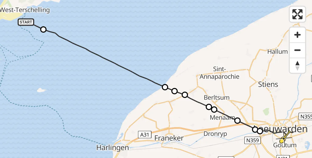 Routekaart van de vlucht: Ambulanceheli naar Leeuwarden, Groote Plaat