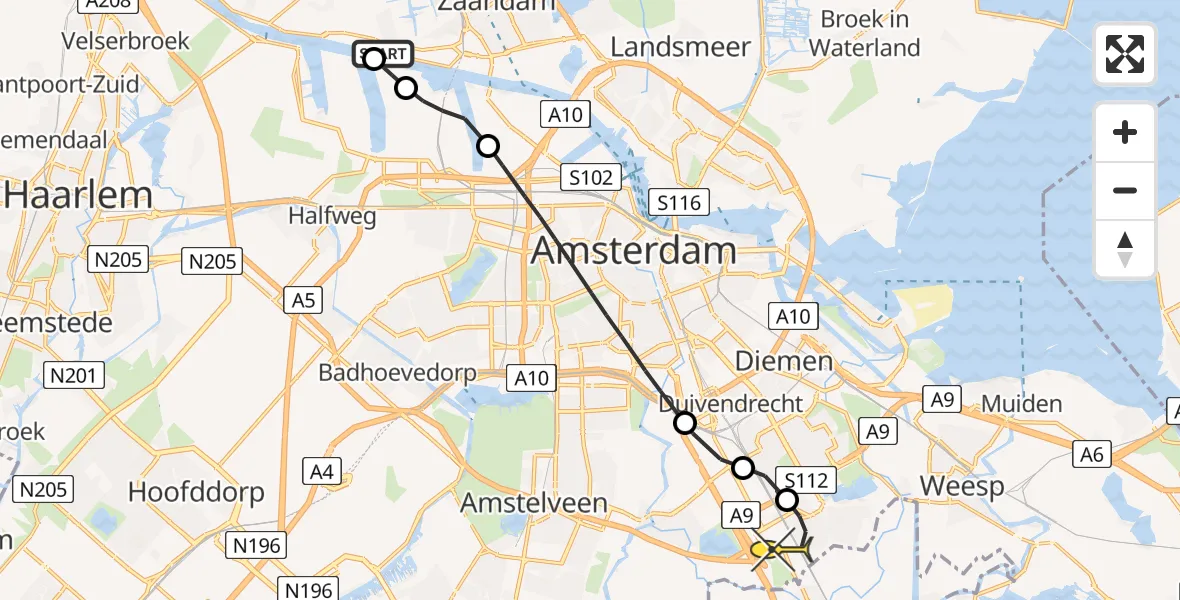 Routekaart van de vlucht: Lifeliner 1 naar Academisch Medisch Centrum (AMC), Siciliëweg