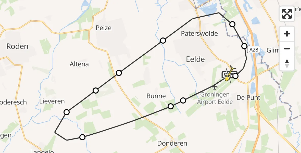 Vluchtroute Traumahelikopter van Groningen Airport Eelde naar Groningen Airport Eelde